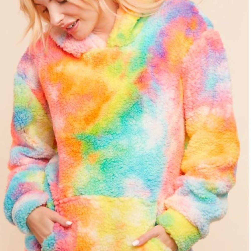 NEW! PLUS Size Multi Color Tie Dye Sherpa Hoodie - Picture 5 of 7
